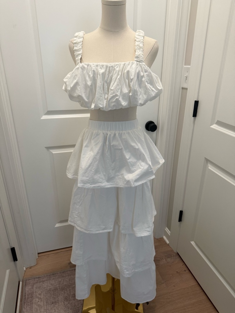 White Tiered Two-Piece Crop Top and Maxi Skirt Set